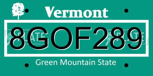 8GOF289 Vermont License Plate