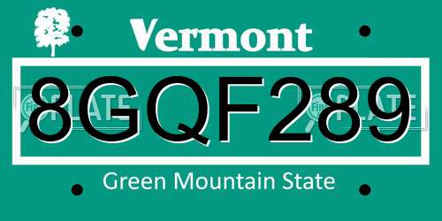 8GQF289 Vermont License Plate