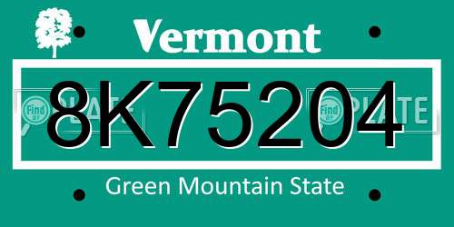 8K75204 Vermont License Plate