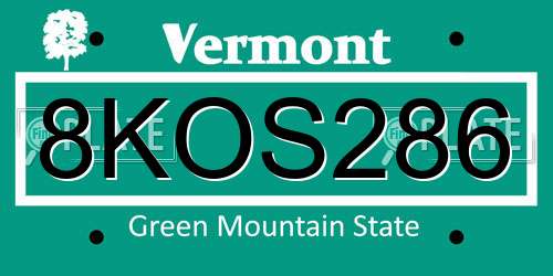 8KOS286 Vermont License Plate