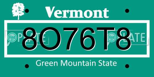 8O76T8 Vermont License Plate
