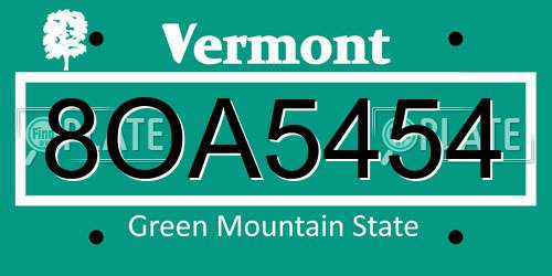 8OA5454 Vermont License Plate