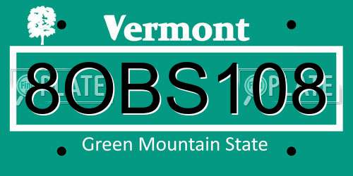 8OBS108 Vermont License Plate
