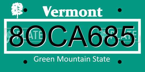 8OCA685 Vermont License Plate