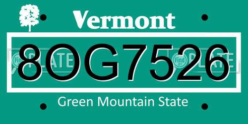 8OG7526 Vermont License Plate