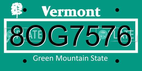 8OG7576 Vermont License Plate