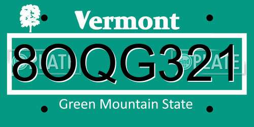 8OQG321 Vermont License Plate