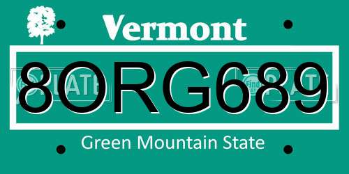 8ORG689 Vermont License Plate