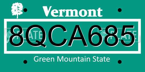 8QCA685 Vermont License Plate