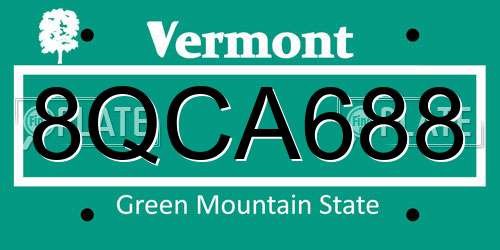 8QCA688 Vermont License Plate