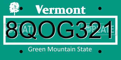 8QOG321 Vermont License Plate
