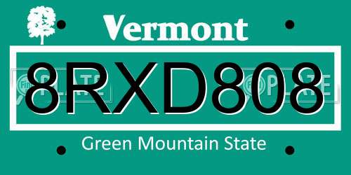 8RXD808 Vermont License Plate