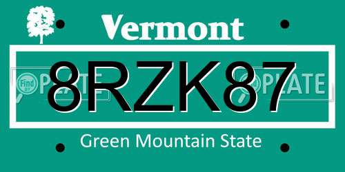 8RZK87 Vermont License Plate