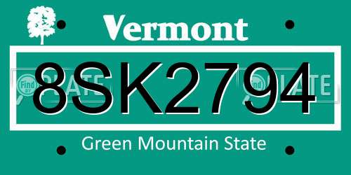 8SK2794 Vermont License Plate