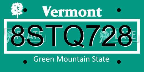 8STQ728 Vermont License Plate