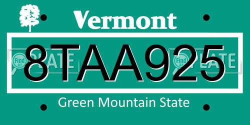 8TAA925 Vermont License Plate