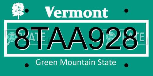 8TAA928 Vermont License Plate