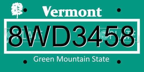 8WD3458 Vermont License Plate