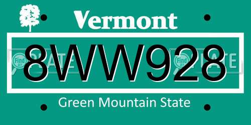 8WW928 Vermont License Plate