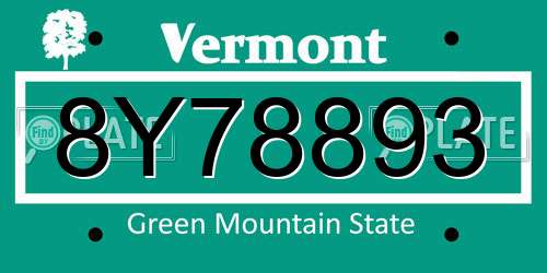 8Y78893 Vermont License Plate