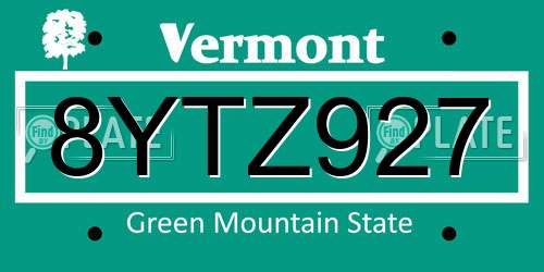 8YTZ927 Vermont License Plate