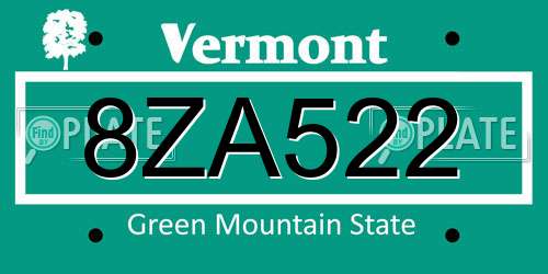 8ZA522 Vermont License Plate