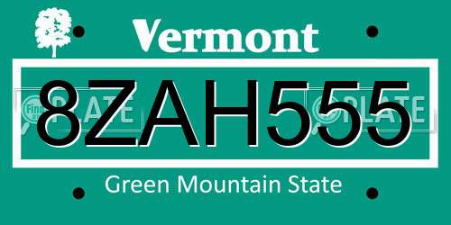 8ZAH555 Vermont License Plate