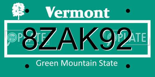 8ZAK92 Vermont License Plate