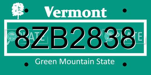 8ZB2838 Vermont License Plate