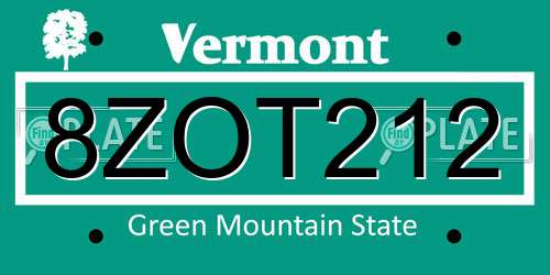 8ZOT212 Vermont License Plate