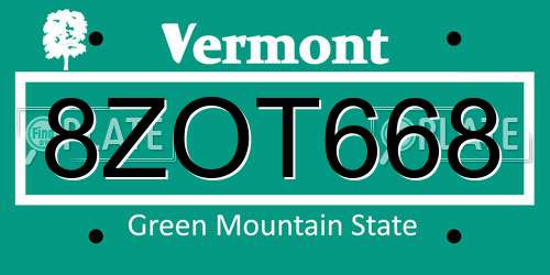 8ZOT668 Vermont License Plate