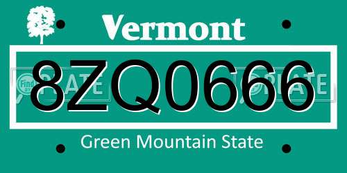 8ZQ0666 Vermont License Plate