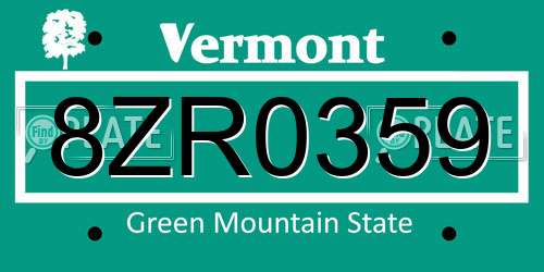 8ZR0359 Vermont License Plate