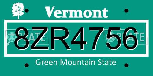 8ZR4756 Vermont License Plate