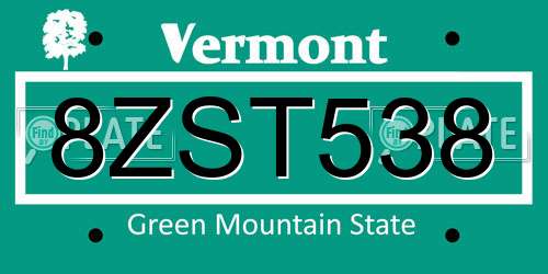 8ZST538 Vermont License Plate