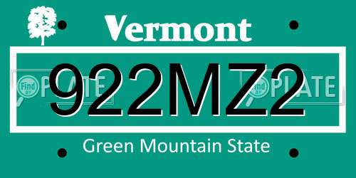 922MZ2 Vermont License Plate