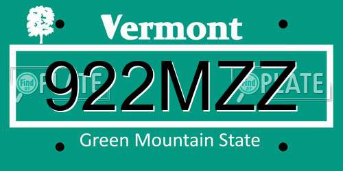 922MZZ Vermont License Plate