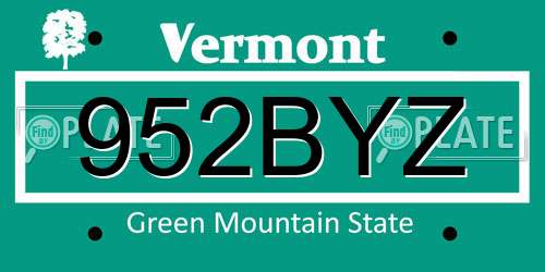 952BYZ Vermont License Plate