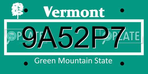 9A52P7 Vermont License Plate