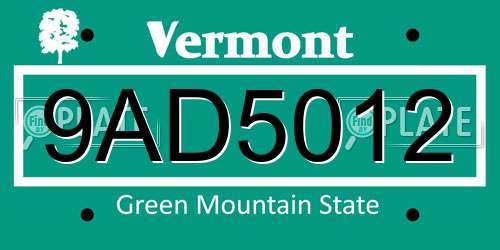 9AD5012 Vermont License Plate