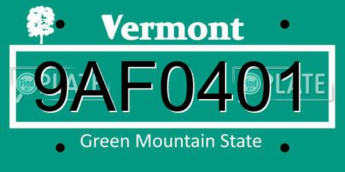 9AF0401 Vermont License Plate