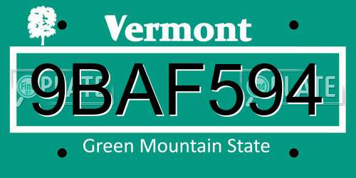9BAF594 Vermont License Plate