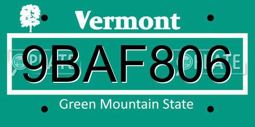 9BAF806 Vermont License Plate