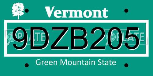 9DZB205 Vermont License Plate