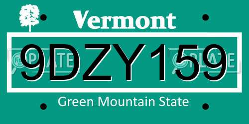 9DZY159 Vermont License Plate