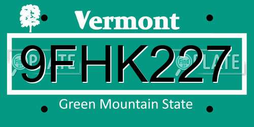 9FHK227 Vermont License Plate
