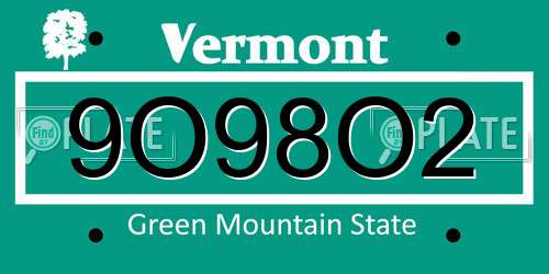 9O98O2 Vermont License Plate