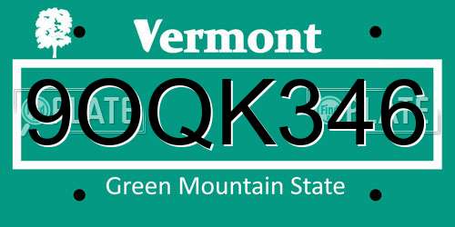 9OQK346 Vermont License Plate