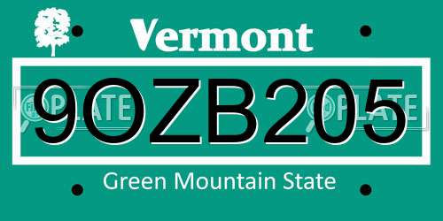 9OZB205 Vermont License Plate