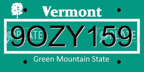 9OZY159 Vermont License Plate
